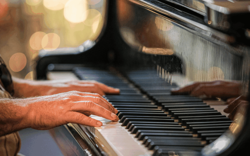Pianista practicando técnica de piano durante una formación online