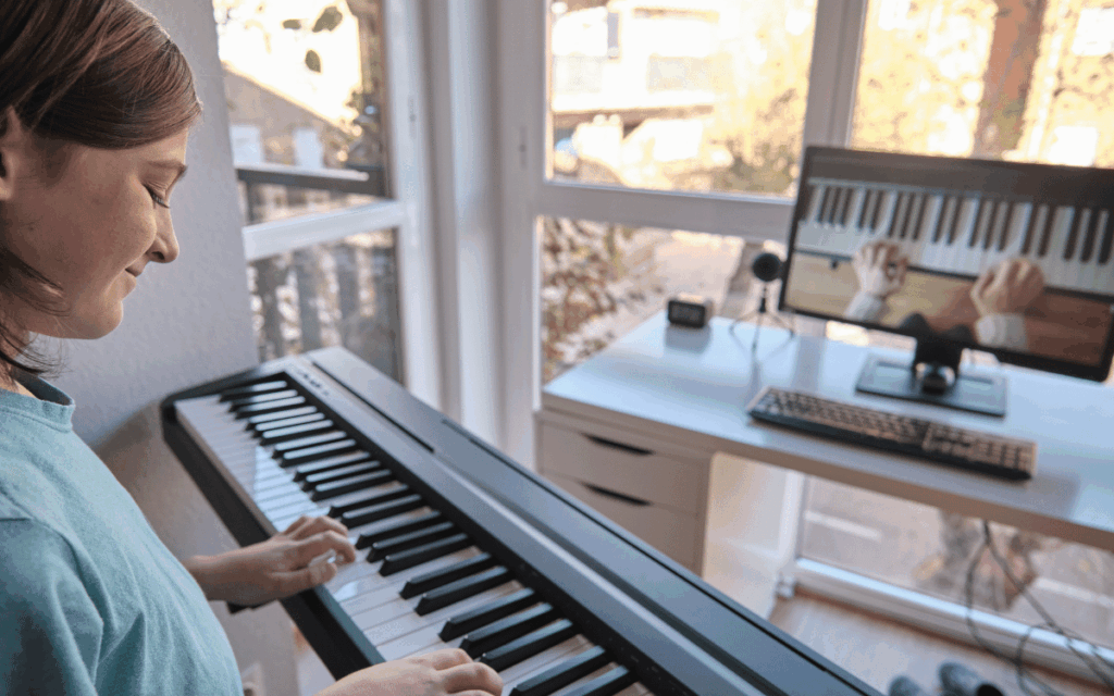 Alumno principiante aprendiendo piano online desde casa